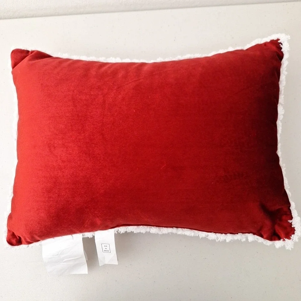 Red Velvet Merry Christmas Pillow Stitched Script Fringe 18 X 14